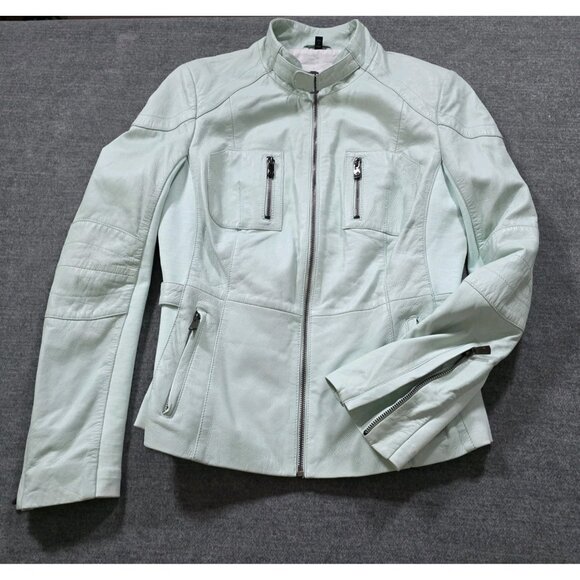 Bod & Christensen Jacket Women M Light Green Penelope Genuine Leather Moto Lined - Picture 9 of 16